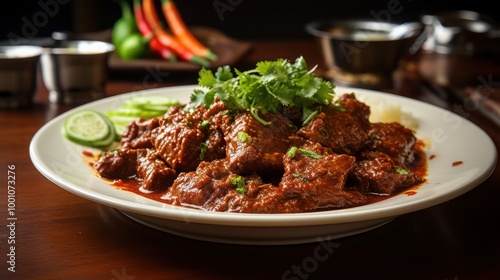 a spicy beef rendang dish, a well known malaysian cuisine consisting of well marinated beef loaded with secret herbs and spice, garnished with greens