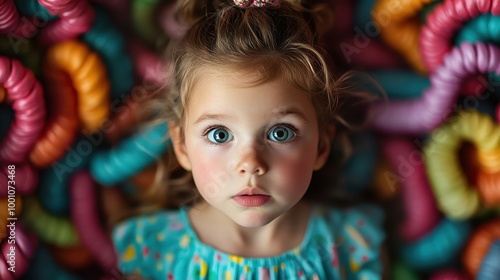 A child with wide eyes and an astonished expression is surrounded by a dazzling array of colorful spiral toys, creating a whimsical and playful atmosphere.