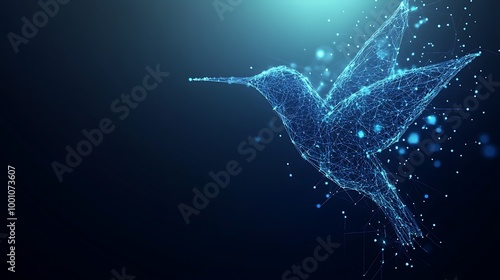 A digital illustration of a hummingbird made up of lines and dots in a low poly style on a blue background.