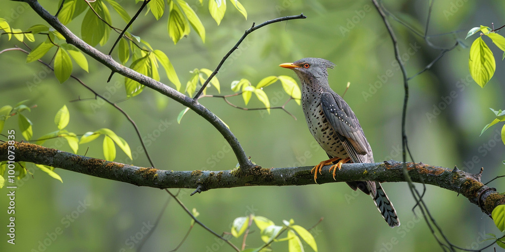 A stunning closeup of a common cuckoo calling from a tree branch A stunning closeup of a common cuckoo calling from a tree branch