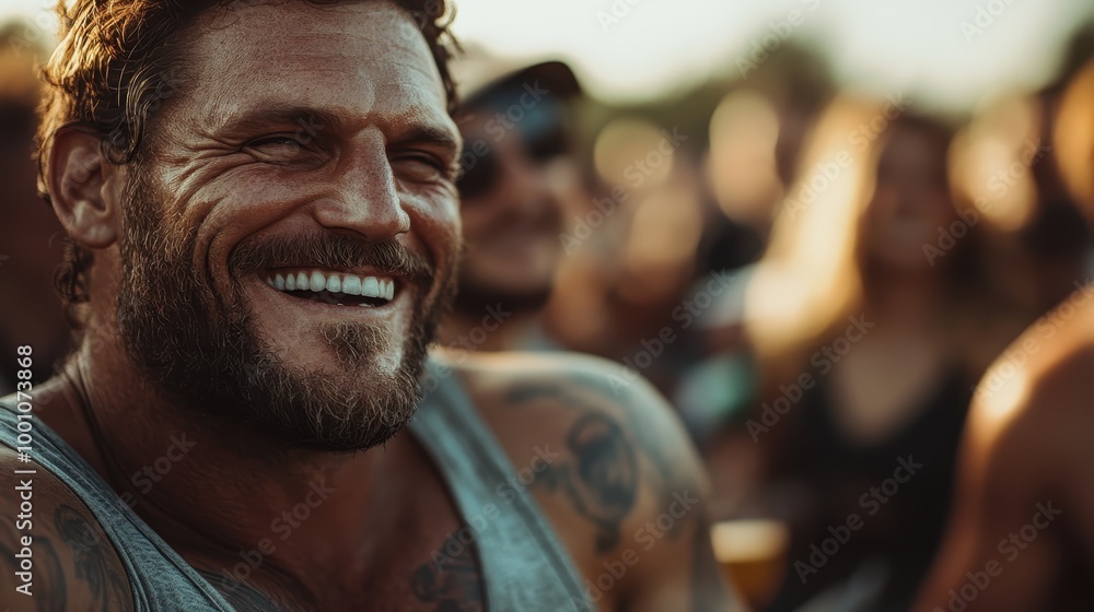 A man with a hearty laugh and tattoos stands outdoors, surrounded by friends during a sunlit gathering, evoking a sense of camaraderie and carefree happiness. A man with a hearty laugh and tattoos stands outdoors, surrounded by friends during a sunlit gathering, evoking a sense of camaraderie and carefree happiness.