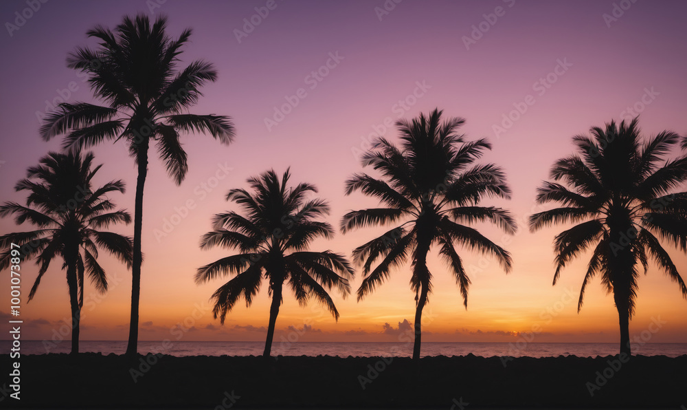 Palm trees stand tall against a vibrant sunset on a tropical beach Palm trees stand tall against a vibrant sunset on a tropical beach