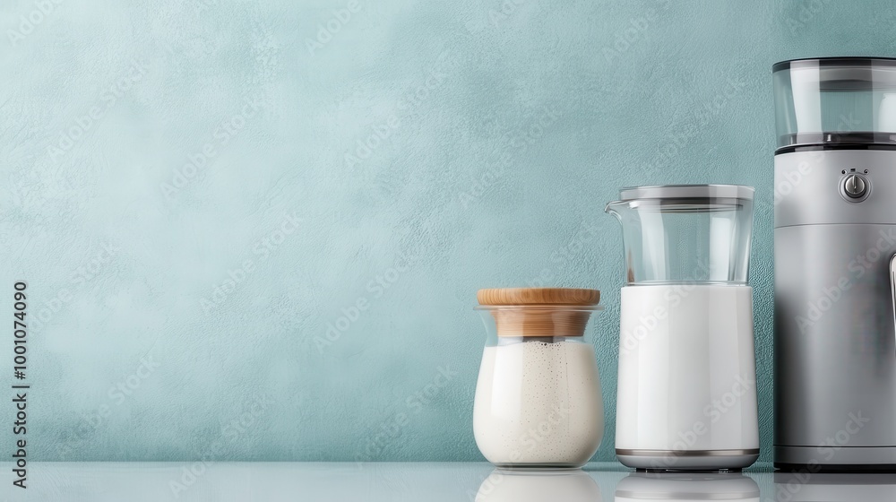 This image presents a stylish kitchen countertop featuring glass jars with wooden lids, a contemporary blender, set against a calming light blue background wall. This image presents a stylish kitchen countertop featuring glass jars with wooden lids, a contemporary blender, set against a calming light blue background wall.