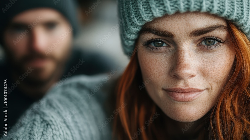 A detailed close-up of a freckled woman dressed in snug knitwear, with extensive focus on the eyes, evoking feelings of comfort and introspection in snowy surroundings. A detailed close-up of a freckled woman dressed in snug knitwear, with extensive focus on the eyes, evoking feelings of comfort and introspection in snowy surroundings.