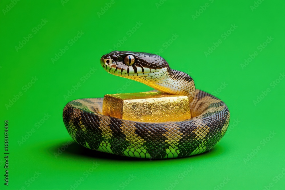 Snake coiled around gold ingot on green surface Snake coiled around gold ingot on green surface