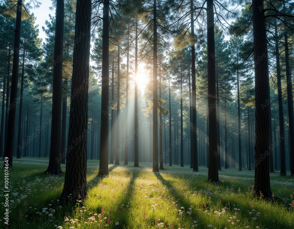 Naklejka premium 森と木漏れ日の魅惑的な自然の風景