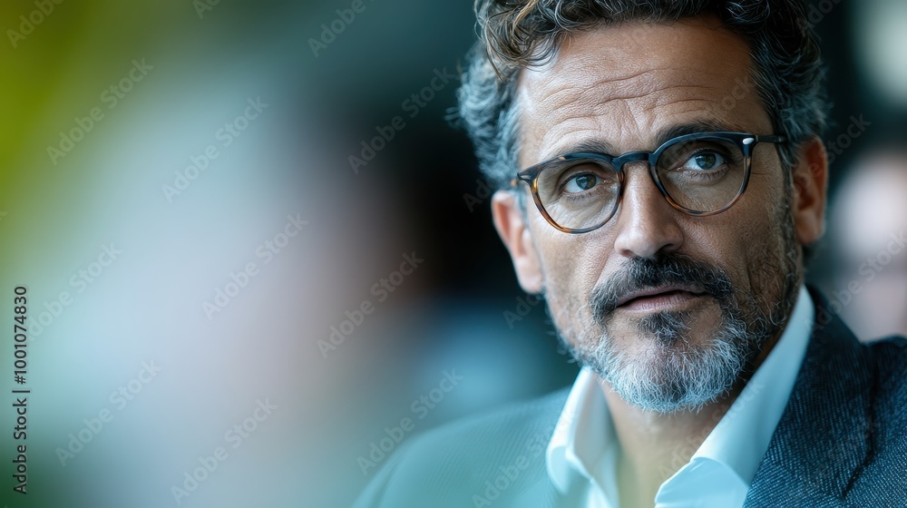 A modern portrait of a man wearing glasses, with a thoughtful and insightful expression, exuding intelligence and poise, set against a blurred, indistinct background. A modern portrait of a man wearing glasses, with a thoughtful and insightful expression, exuding intelligence and poise, set against a blurred, indistinct background.