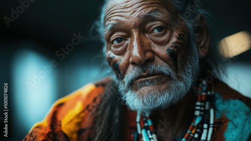 A close-up of an elderly individual showcasing a colorful beaded necklace against a richly patterned shirt, highlighting the individual’s cultural heritage and personal history.