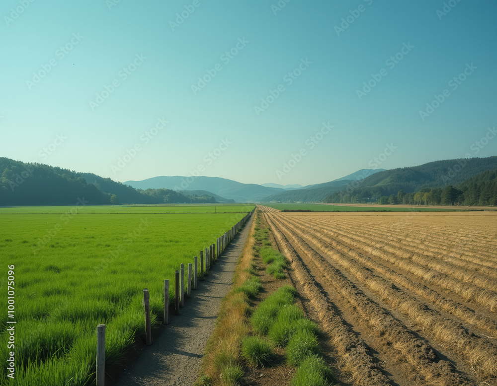 収穫したての作物と緑の草のある田園風景 収穫したての作物と緑の草のある田園風景