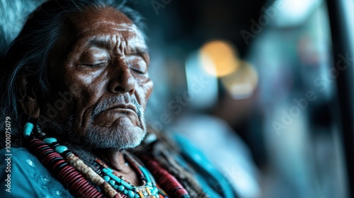 A person adorned in vibrant beads and a patterned attire, captured in an urban setting during the night, highlighting cultural richness and the energy of city life.