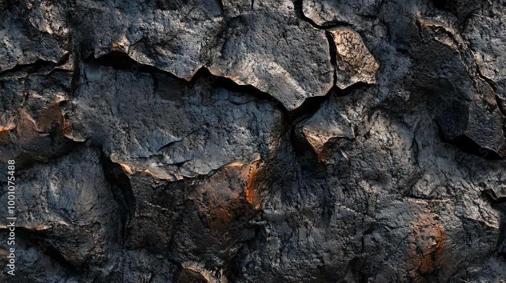 Rough, dark gray and copper rock texture with a deep crack. Rough, dark gray and copper rock texture with a deep crack.