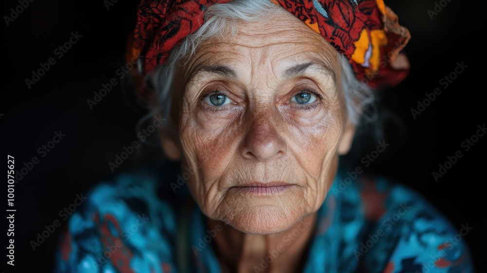An elderly woman with striking blue eyes and a vibrant headscarf gazes into the camera, evoking a sense of wisdom, resilience, and cultural richness. An elderly woman with striking blue eyes and a vibrant headscarf gazes into the camera, evoking a sense of wisdom, resilience, and cultural richness.