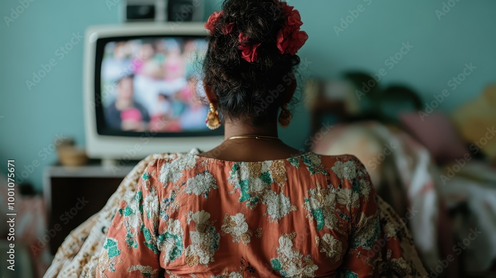 Obraz premium A woman with flowers in her hair is seen from the back watching television in a cozy room, wearing an intricately patterned floral dress.