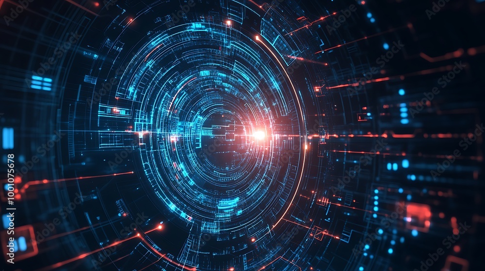 Fototapeta premium Abstract digital technology background with glowing lines and circles.