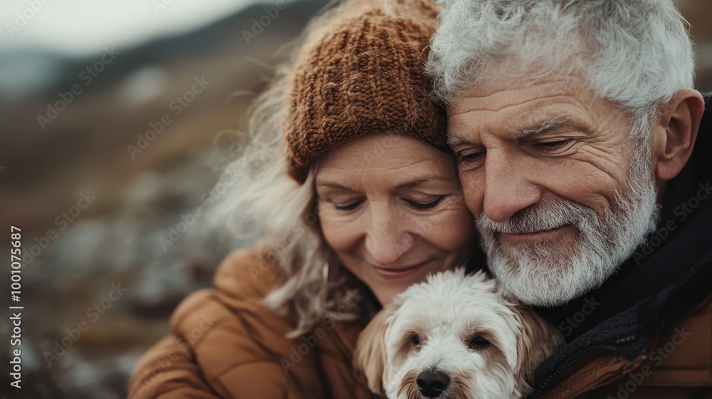 An elderly couple enjoy a moment outdoors, cuddling closely with their small dog, dressed warmly for the cool weather, exuding warmth and affection. An elderly couple enjoy a moment outdoors, cuddling closely with their small dog, dressed warmly for the cool weather, exuding warmth and affection.