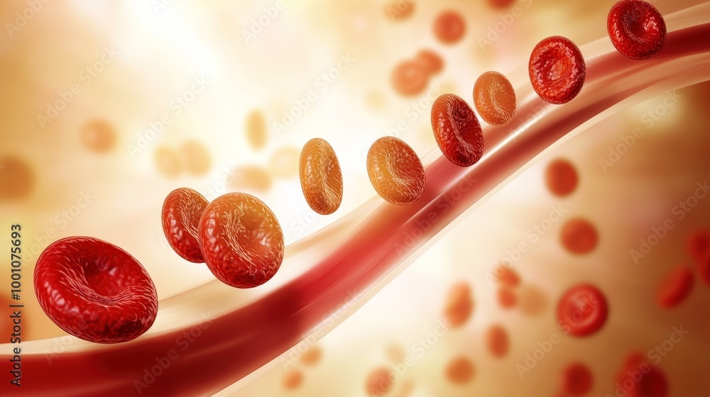 Fototapeta premium Illustration of red blood cells flowing through blood vessels, highlighting circulation.