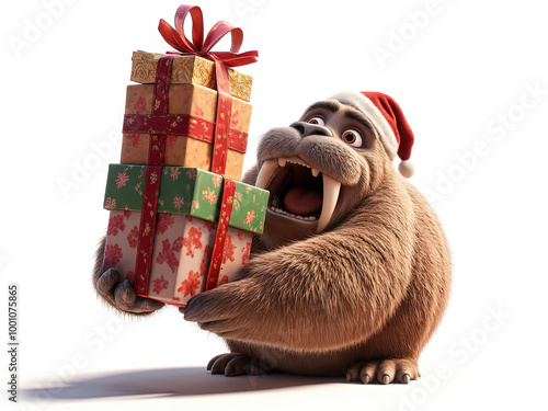 Joyful Walrus with Christmas Gifts: A cheerful walrus sporting a Santa hat beams with delight as he holds a stack of festive Christmas presents - Generated by Generative AI photo