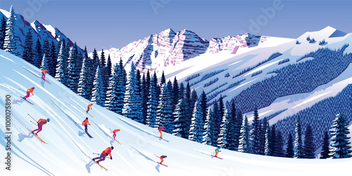 Winter landscape panorama with skiers on skiing slope, forest and mountains in the background. Handmade drawing vector illustration. Can be used as poster, banner etc. photo