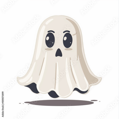 Adorable Halloween ghost character surrounded by elements like bats, pumpkins, and stars, creating a fun and spooky vibe. 