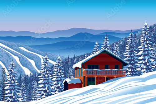 Alpine Skiing mountain resort with old traditional house in the first plan, winter forest and mountains in the background. Handmade drawing vector illustration. Can be used for brochures, books, etc.