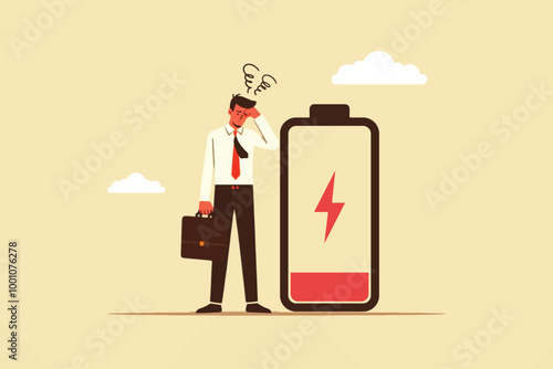 A low battery indicates fatigue and frustration in a businessman who has a headache
