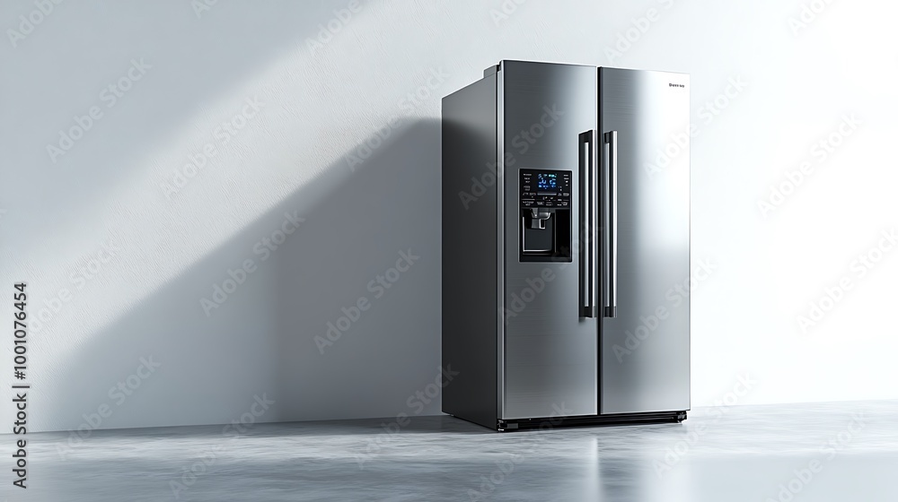 Modern stainless steel refrigerator with ice and water dispenser against a white wall. Modern stainless steel refrigerator with ice and water dispenser against a white wall.