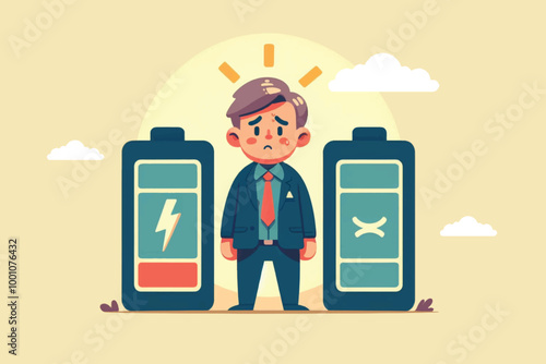 A sad and exhausted businessman standing among weak batteries