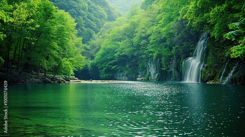 Beautiful Spring Green Natural Landscape with Waterfall: A Perfect Tourism Destination. Enjoy the Serenity and Beauty.