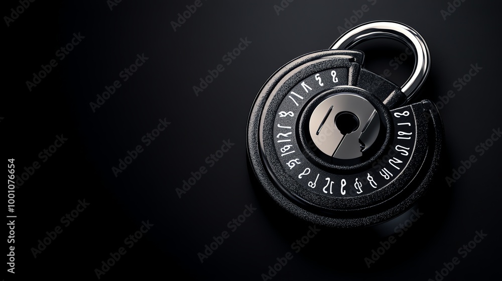A black combination lock on a black background. A black combination lock on a black background.