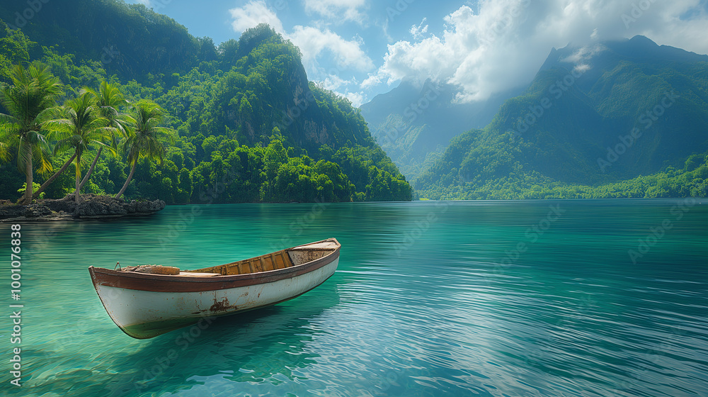 Picturesque Lagoon on South Pacific Island with Wooden Boat and Reflections Picturesque Lagoon on South Pacific Island with Wooden Boat and Reflections