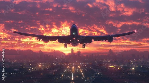 A commercial jet taking off from the airport at dawn, framed against the backdrop of a stunning sunrise, with city lights still visible in the distance