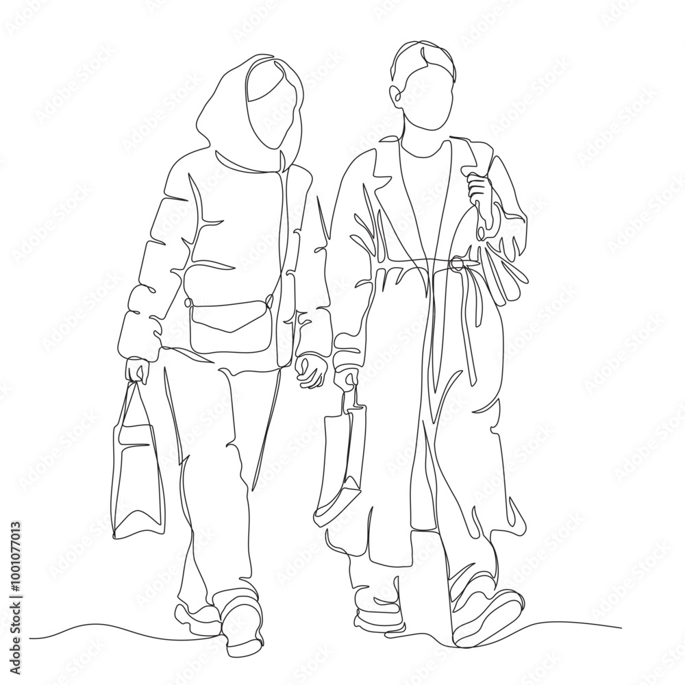 2 young women in warm clothing with shopping bags walking. Wear coat and jacket with hoood up. Continuous one line drawing. Vector in line art style. 2 young women in warm clothing with shopping bags walking. Wear coat and jacket with hoood up. Continuous one line drawing. Vector in line art style.