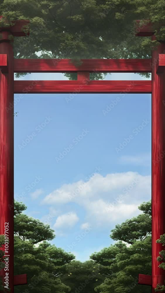 Red torii gate with deer and rabbit in forest. A vibrant red torii gate stands tall in a peaceful forest, with a deer and rabbit nearby, creating a serene natural scene. Red torii gate with deer and rabbit in forest. A vibrant red torii gate stands tall in a peaceful forest, with a deer and rabbit nearby, creating a serene natural scene.