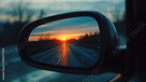 A sunset over a road is reflected in a car's side mirror.