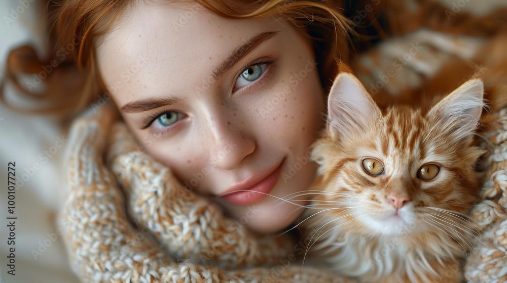 Model Girl Posing with Cute Pet in Warm Cozy Home Setting