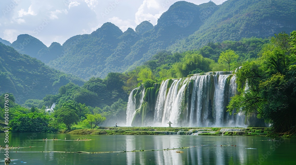 Fototapeta premium Beautiful Spring Green Natural Landscape with Waterfall: A Perfect Tourism Destination. Enjoy the Serenity and Beauty.