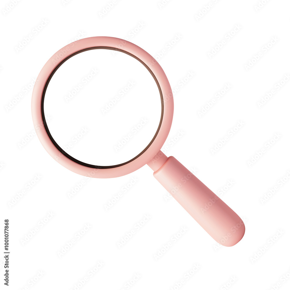3D pink magnifying glass illustration with a rounded handle and lens. Evoke curiosity and investigation, ideal for research or discovery-themed concepts. Isolated on transparent background, png. 3D pink magnifying glass illustration with a rounded handle and lens. Evoke curiosity and investigation, ideal for research or discovery-themed concepts. Isolated on transparent background, png.