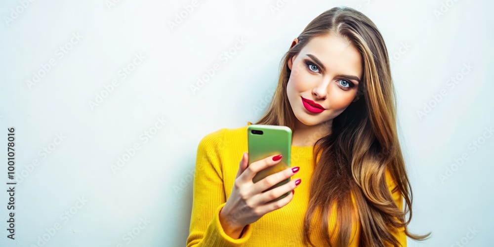 With a puzzled look, a young woman raises her eyebrow while holding a mobile phone, posing against a With a puzzled look, a young woman raises her eyebrow while holding a mobile phone, posing against a