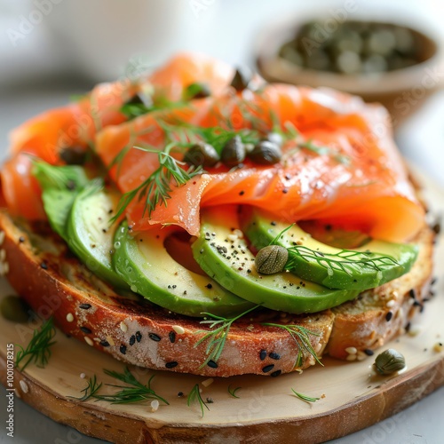 a sumptuous serving of fresh raw salmon slices, slices of avocado served on a toasted bread, loaded with capers and sprinkled with black pepper