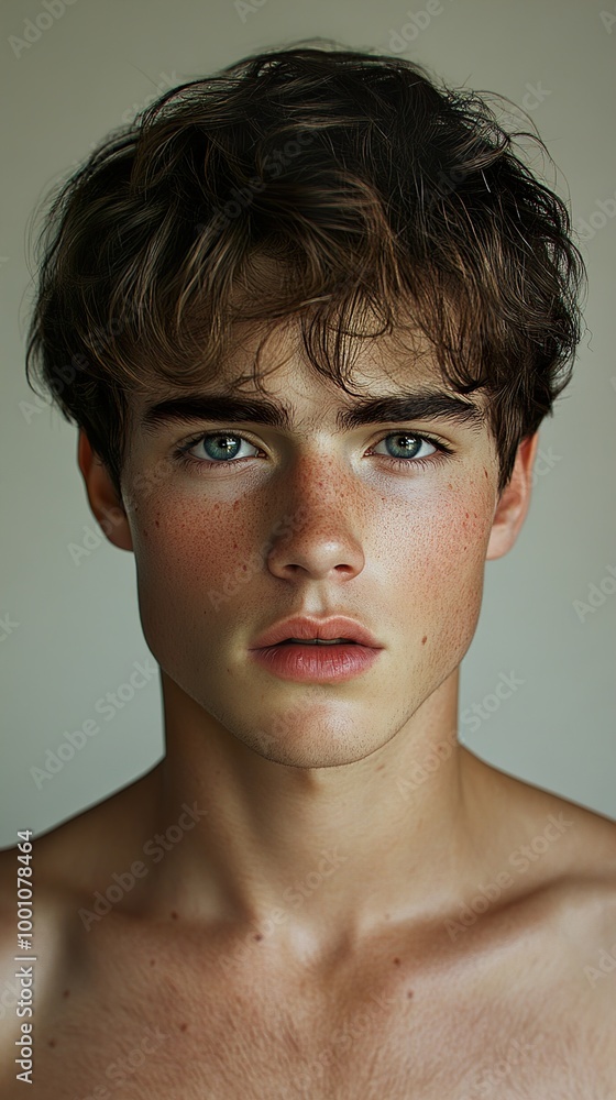 Close-Up Portrait of a Young Man with Blue Eyes and Freckles Close-Up Portrait of a Young Man with Blue Eyes and Freckles