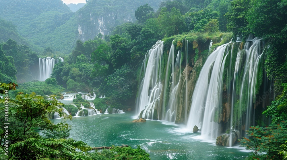 Naklejka premium Beautiful Spring Green Natural Landscape with Waterfall: A Perfect Tourism Destination. Enjoy the Serenity and Beauty.