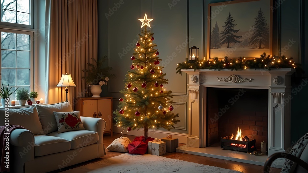 Fototapeta premium Christmas decorations on the tree. Christmas ornaments. atmosphere of coziness and warmth.