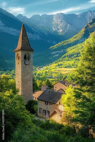 Picturesque mountain village with stone church tower