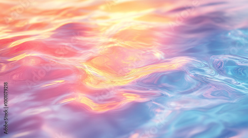 Gradient Waves of Iridescent Water-Like Fabric with Soft Pastel Shimmer in Pink, Blue, and Yellow photo