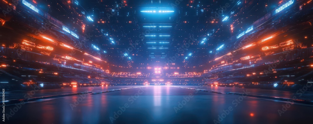 Futuristic sports arena with robotic athletes, scifi, bright lights, digital painting Futuristic sports arena with robotic athletes, scifi, bright lights, digital painting