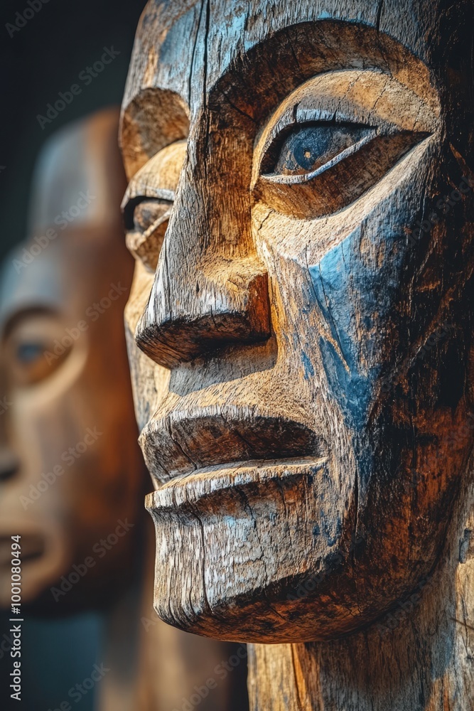 Intricate wooden carving of a face Intricate wooden carving of a face