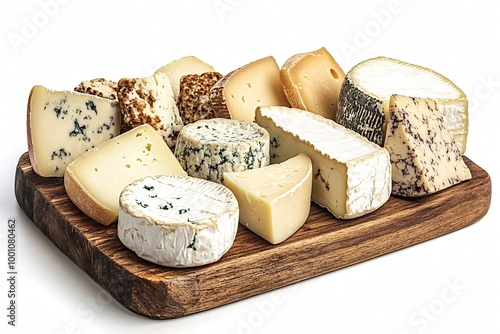 Variety of specialty cheeses are grouped together on a wooden cutting board, showcasing their unique textures and flavors