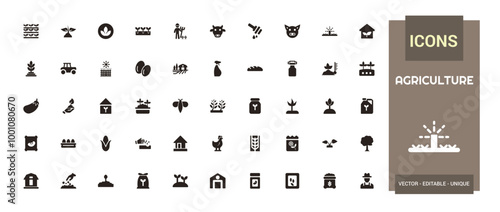 Set of agriculture icons collection. Filled icon pack, glyph for web and ui. Solid icons set. Editable filled symbol. Vector illustration.