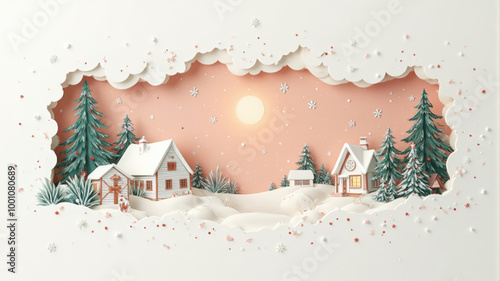 Winter landscape with paper-cut houses and trees on a snowy day