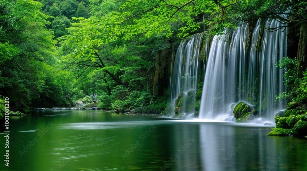 Beautiful Spring Green Natural Landscape with Waterfall: A Perfect Tourism Destination. Enjoy the Serenity and Beauty. Beautiful Spring Green Natural Landscape with Waterfall: A Perfect Tourism Destination. Enjoy the Serenity and Beauty.